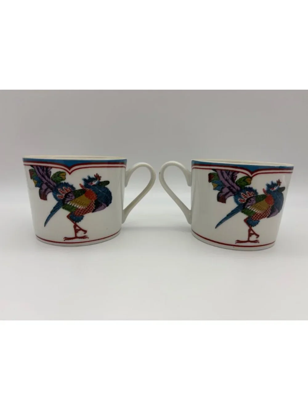 Georges Briard Oriental Peacock Japan Coffee Cup Pair Porcelain Bird Chinoiserie